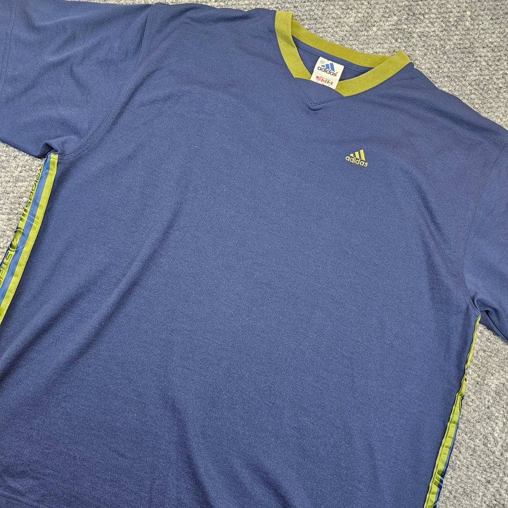 Vintage Adidas V-Neck T-Shirt Mens XL Navy Blue Olive Green 3 Stripes Tape Side